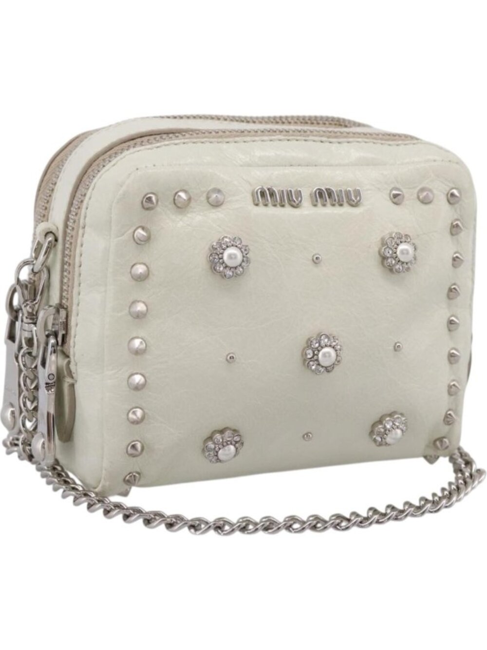 Miu Miu Matelasse Chain Shoulder Pouch Vitellolux Ivory Silver